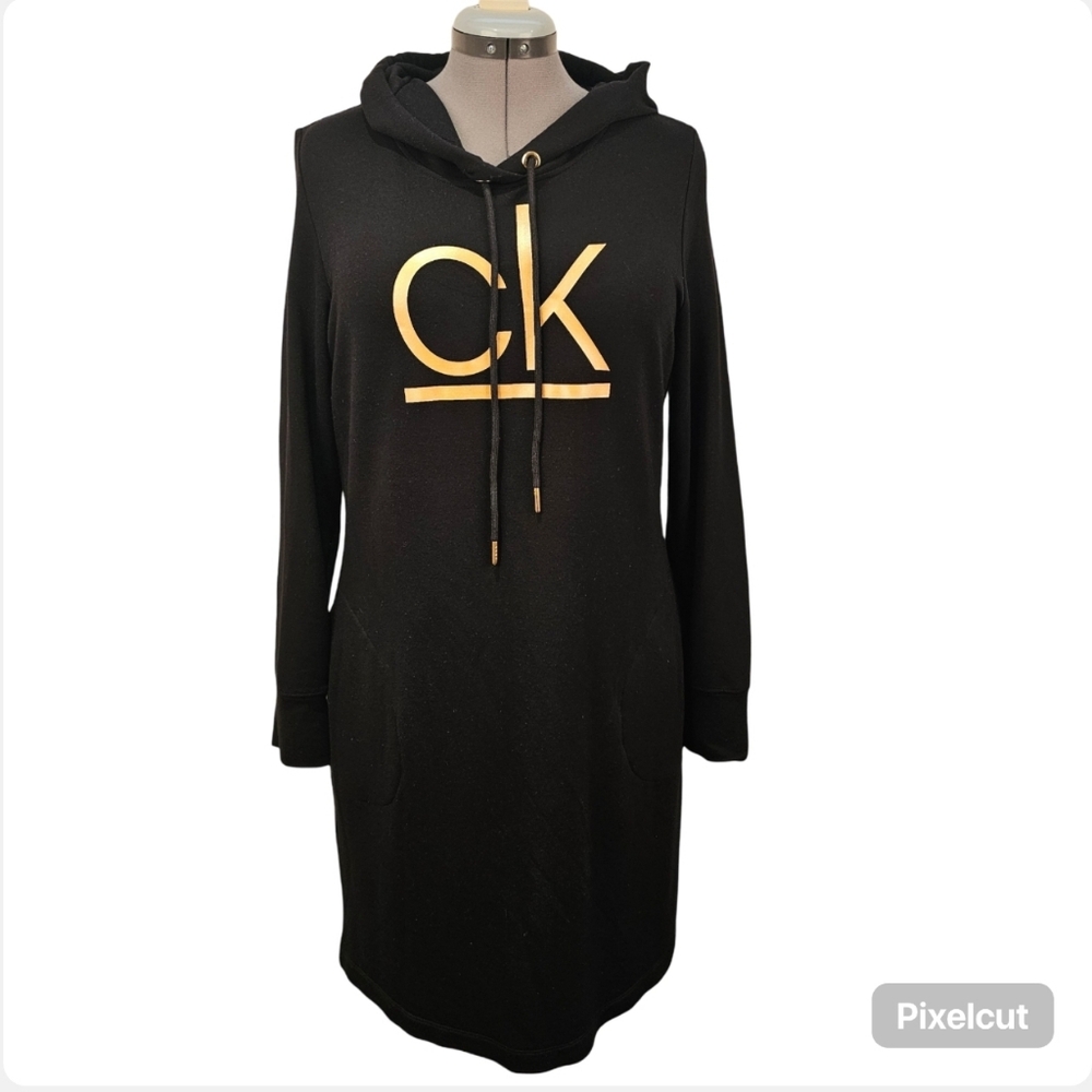 Calvin Klein black reverse knit long  sleeve hooded midi dress women size L US.